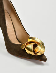 Gold Rose Suede Heels, Army Green