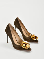 Gold Rose Suede Heels, Army Green