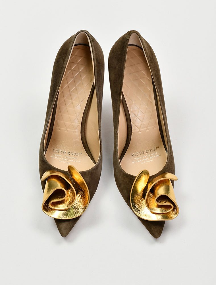 Gold Rose Suede Heels, Army Green