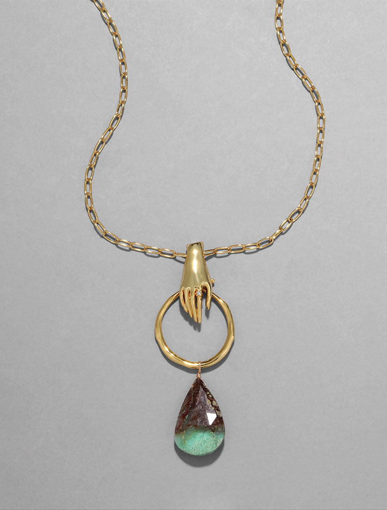 Hand Link Long Chain Necklace - Chrysoprase, 14K Gold Plated