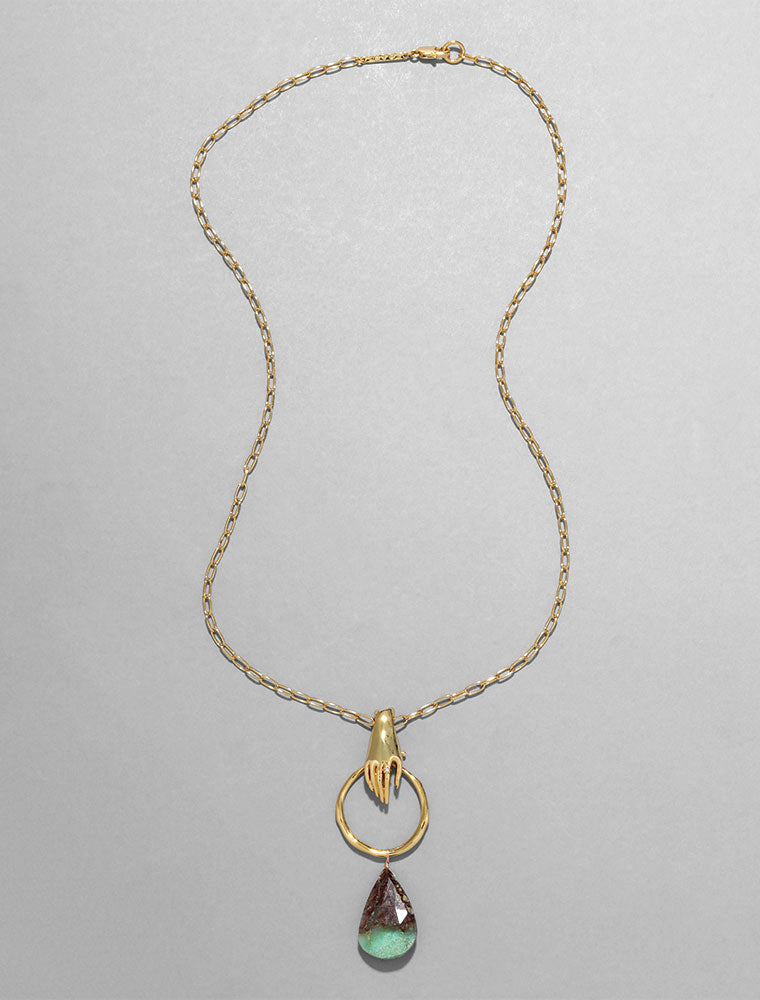 Hand Link Long Chain Necklace - Chrysoprase, 14K Gold Plated