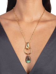 Hand Link Long Chain Necklace - Chrysoprase, 14K Gold Plated