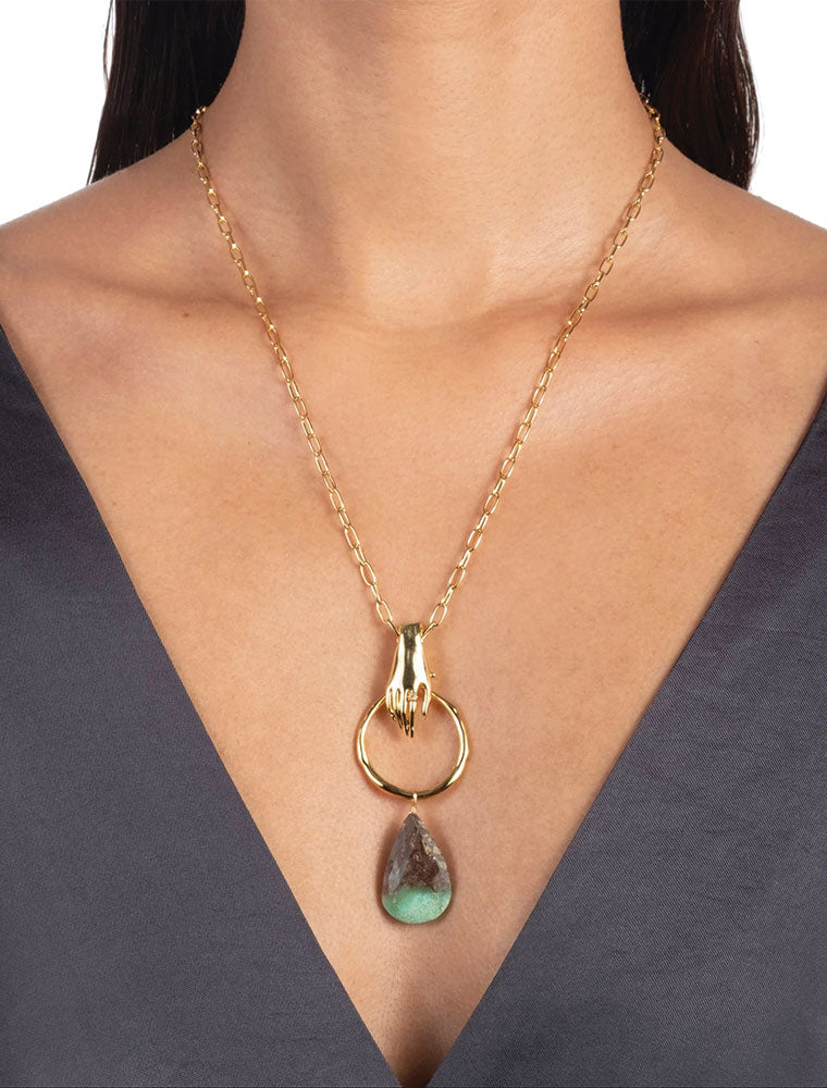 Hand Link Long Chain Necklace - Chrysoprase, 14K Gold Plated