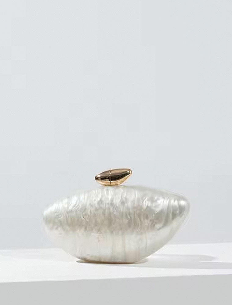 Hayley Acrylic Clutch with Gold Knob, Pearl White