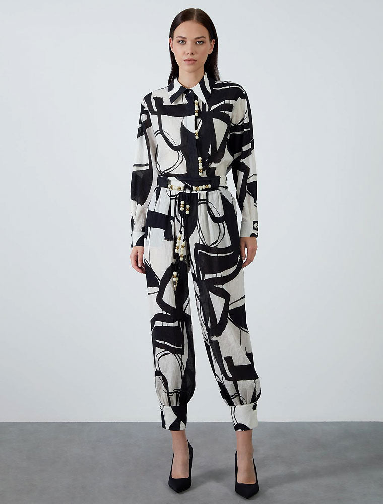 High-Waisted Abstract Print Pants, Black & White