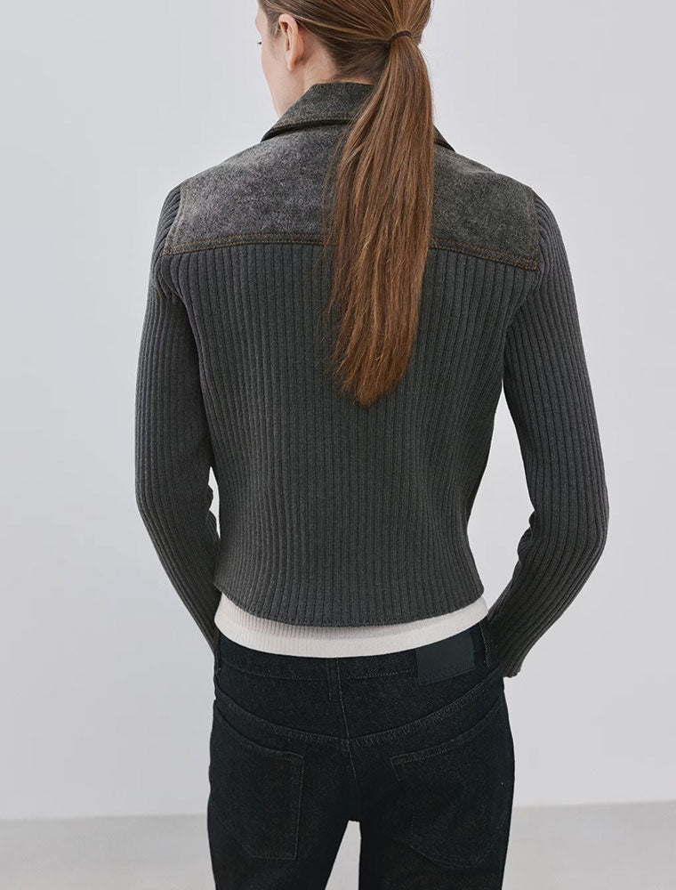 Knit Jacket with Denim Details, Grey