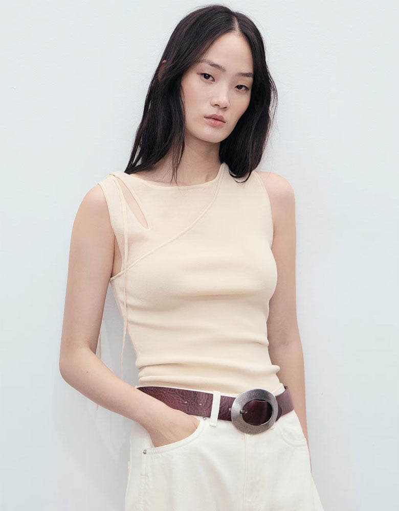 Knitted Top with Front Cut-Out, Cream