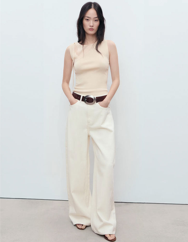Knitted Top with Front Cut-Out, Cream