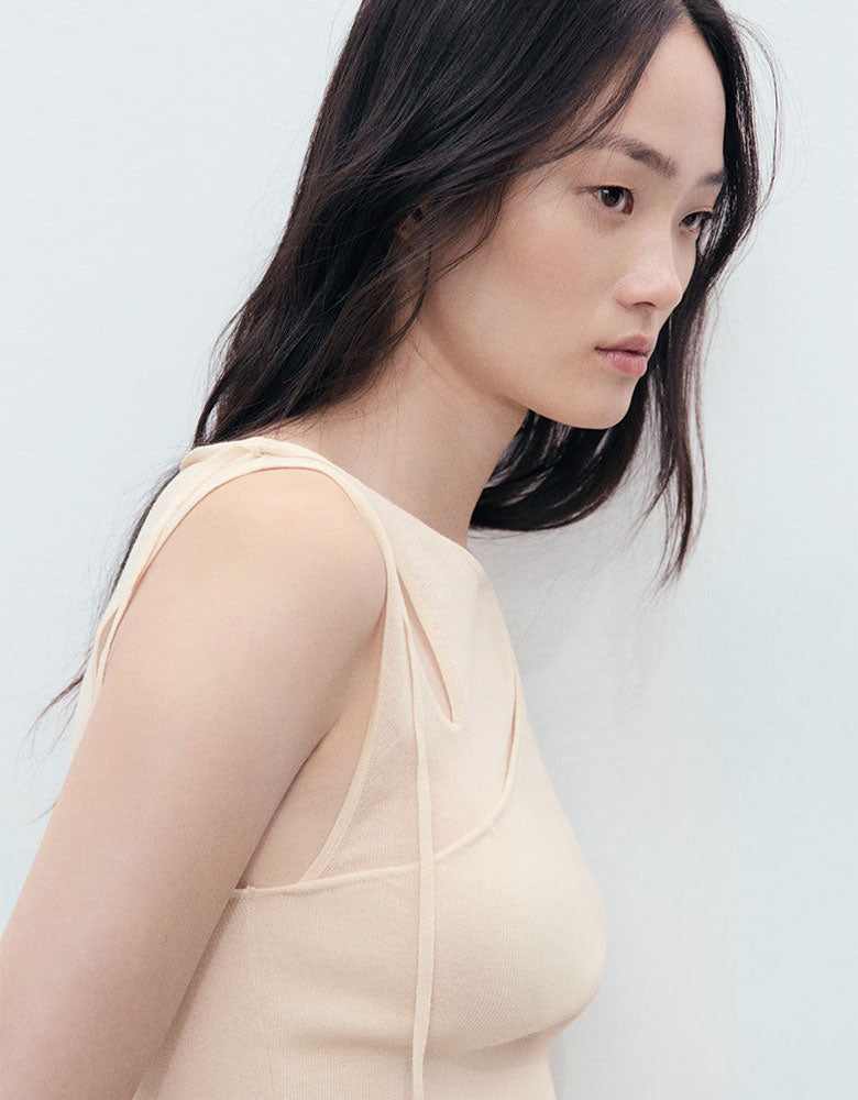 Knitted Top with Front Cut-Out, Cream