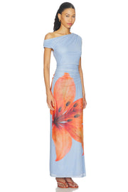 Asymmetrical Shoulder Maxi Mesh Dress, Blue