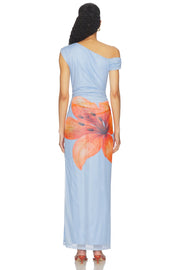 Asymmetrical Shoulder Maxi Mesh Dress, Blue