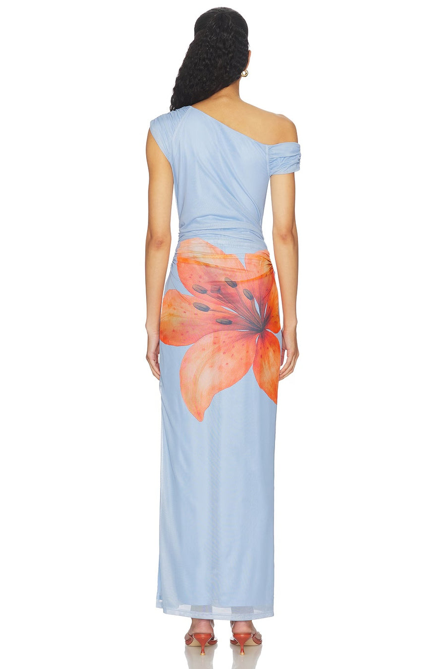Asymmetrical Shoulder Maxi Mesh Dress, Blue