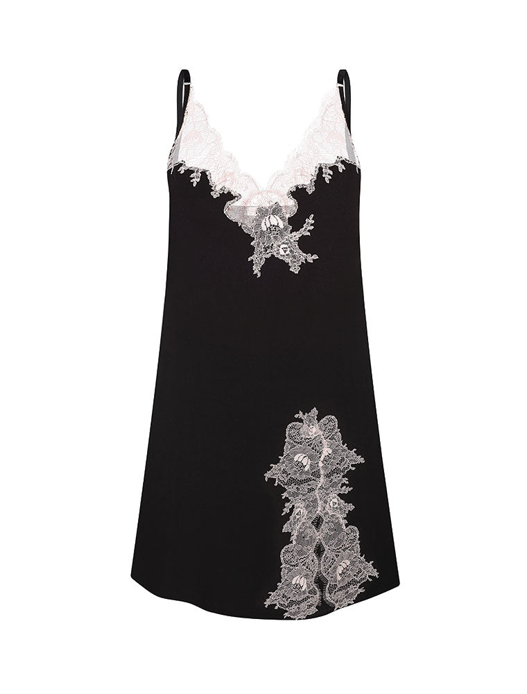Lace Trim Spaghetti Strap Chemise, Black