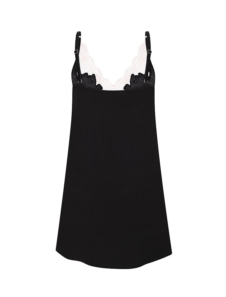 Lace Trim Spaghetti Strap Chemise, Black