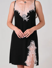 Lace Trim Spaghetti Strap Chemise, Black