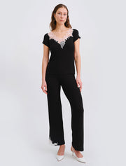 Lace Trim V-Neck Pajama Set with Pants, Black