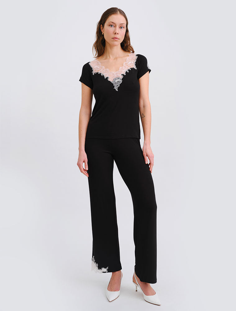 Lace Trim V-Neck Pajama Set with Pants, Black