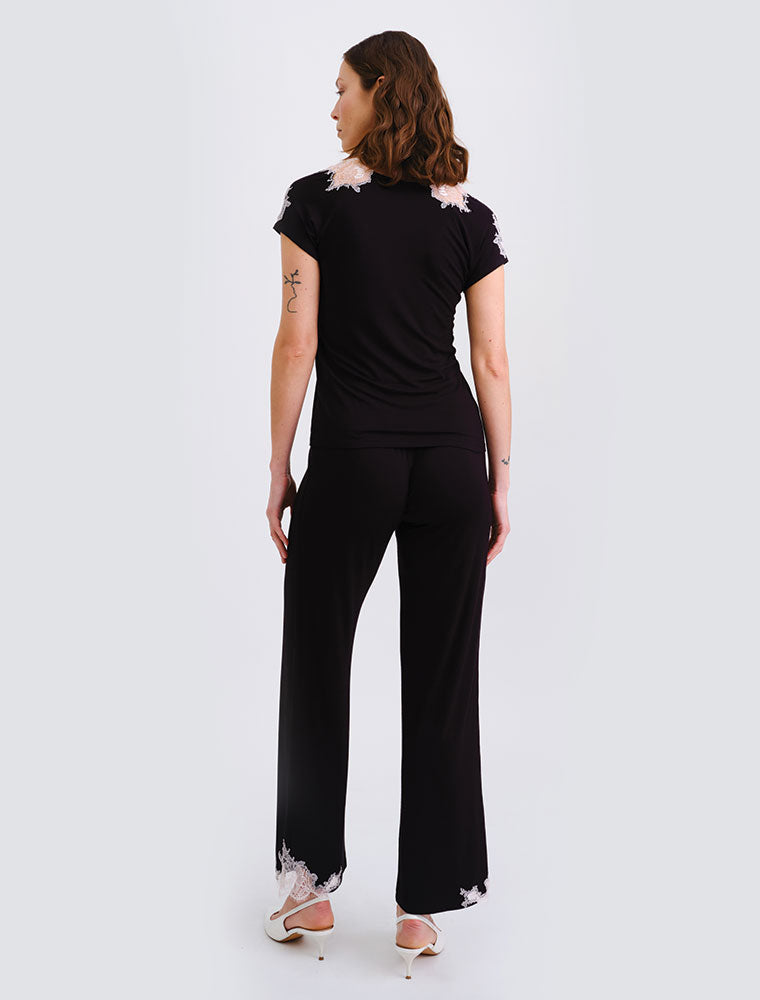 Lace Trim V-Neck Pajama Set with Pants, Black