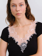 Lace Trim V-Neck Pajama Set with Pants, Black