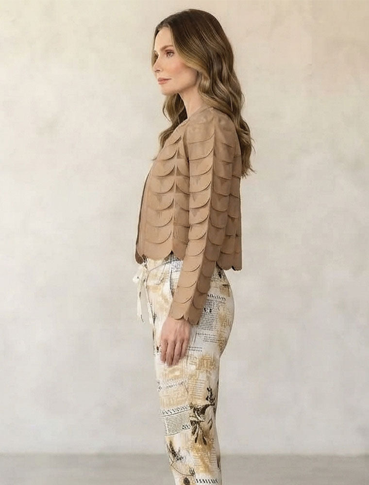 Leaf Mesh Crop Leather Jacket, Caramel