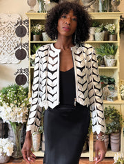 Leaf Mesh Crop Leather Jacket, Silver