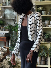 Leaf Mesh Crop Leather Jacket, Silver