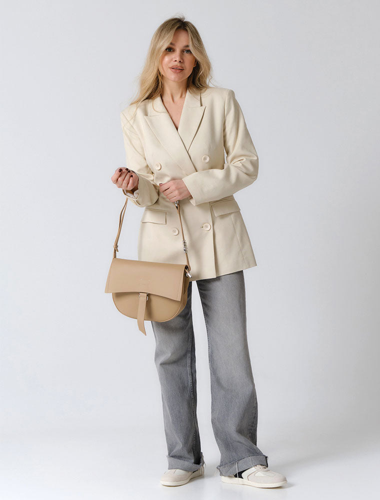 Leather Saddle Shoulder Bag, Beige
