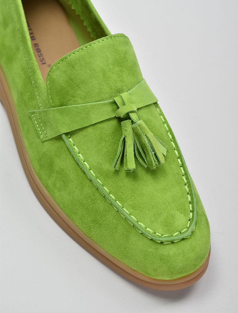 Classic Suede Loafers with Tassels, Lime Green