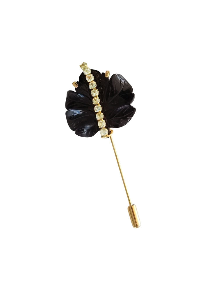 Lockwood Lapel Pin, Black Calcite & Clear Quartz, 14K Gold Plated