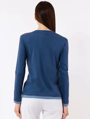 Long Sleeve Contrast Trim Top, Blue