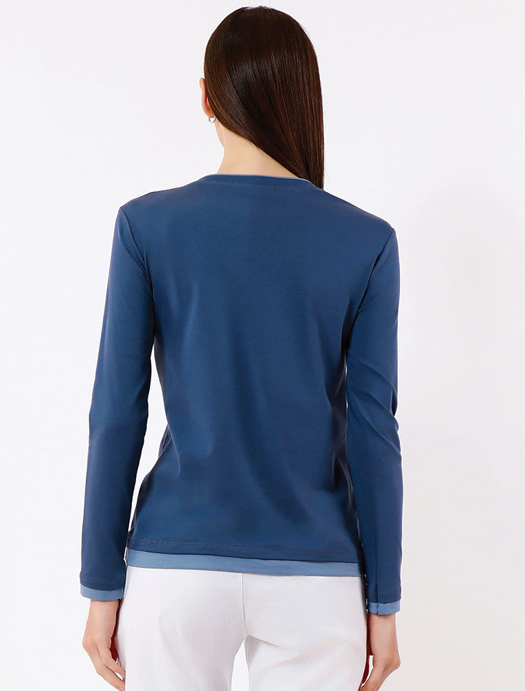 Long Sleeve Contrast Trim Top, Blue