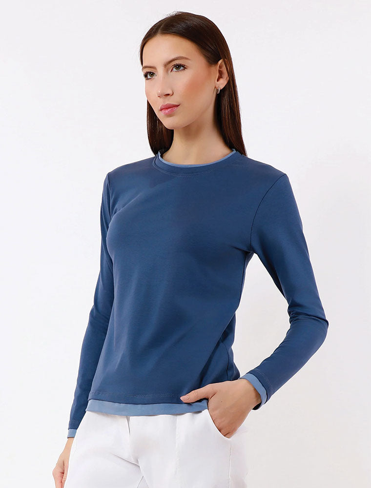 Long Sleeve Contrast Trim Top, Blue