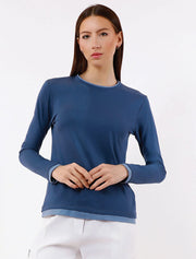 Long Sleeve Contrast Trim Top, Blue