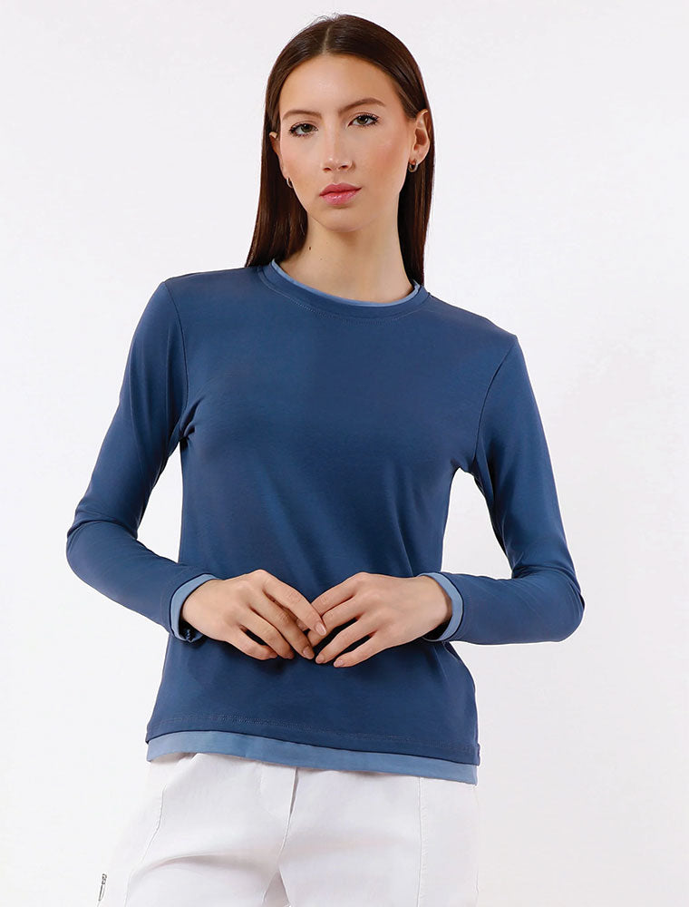 Long Sleeve Contrast Trim Top, Blue