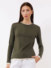 Long Sleeve Contrast Trim Top, Olive
