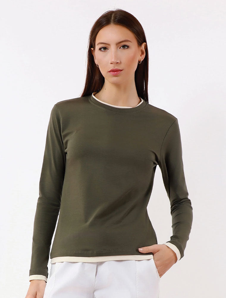 Long Sleeve Contrast Trim Top, Olive