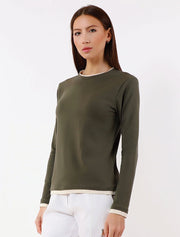 Long Sleeve Contrast Trim Top, Olive