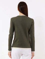 Long Sleeve Contrast Trim Top, Olive