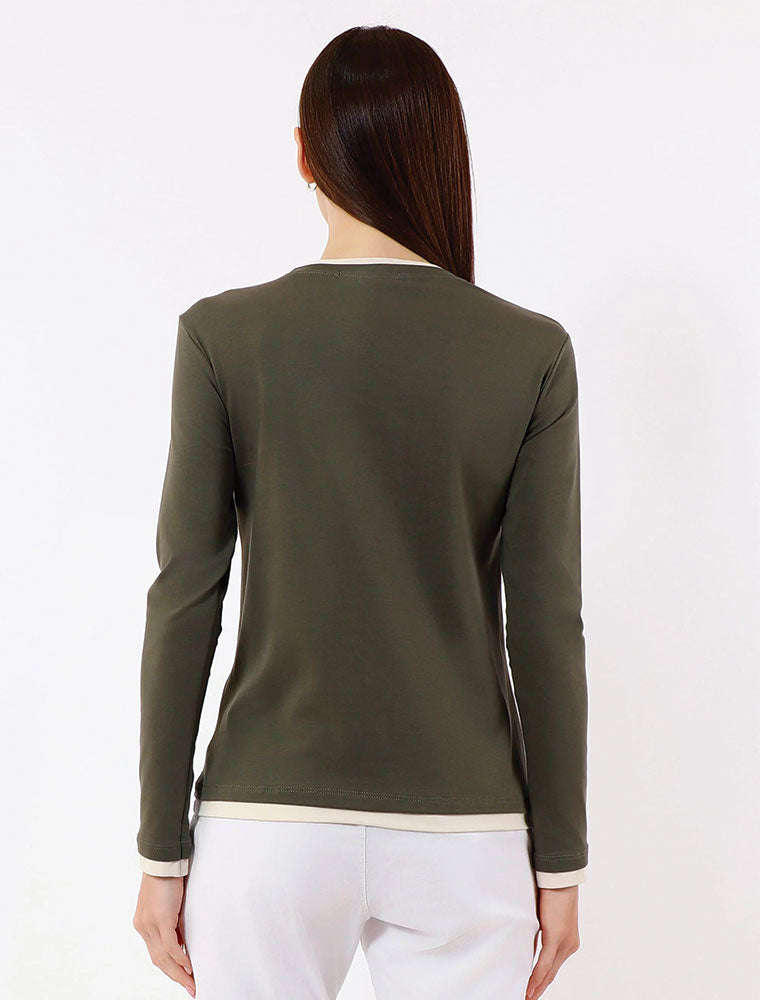 Long Sleeve Contrast Trim Top, Olive