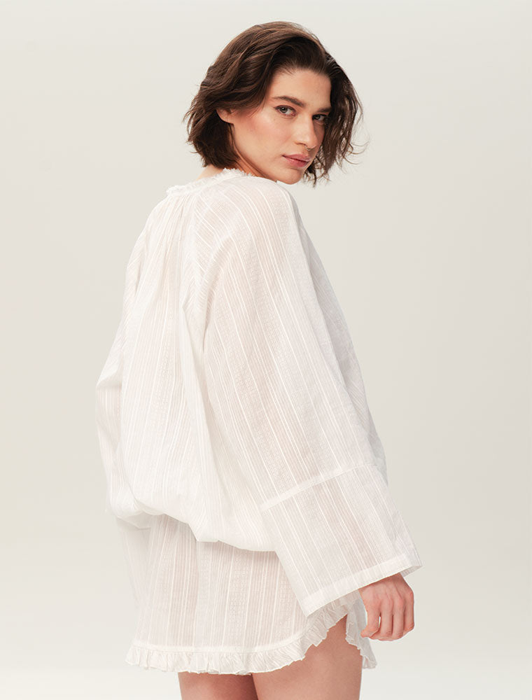 Long Sleeve Cotton Pajama Set with Shorts, White