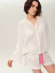 Long Sleeve Cotton Pajama Set with Shorts, White