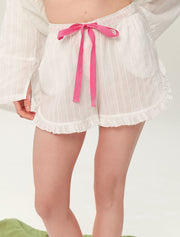 Long Sleeve Cotton Pajama Set with Shorts, White