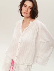 Long Sleeve Cotton Pajama Set with Shorts, White