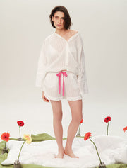 Long Sleeve Cotton Pajama Set with Shorts, White