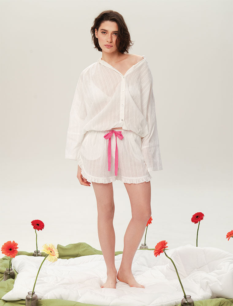 Long Sleeve Cotton Pajama Set with Shorts, White