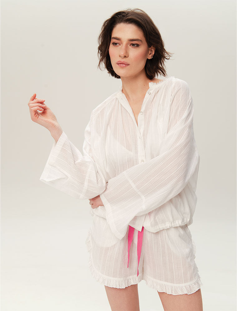Long Sleeve Cotton Pajama Set with Shorts, White