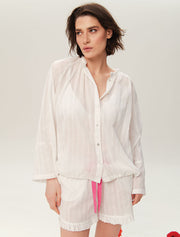 Long Sleeve Cotton Pajama Set with Shorts, White