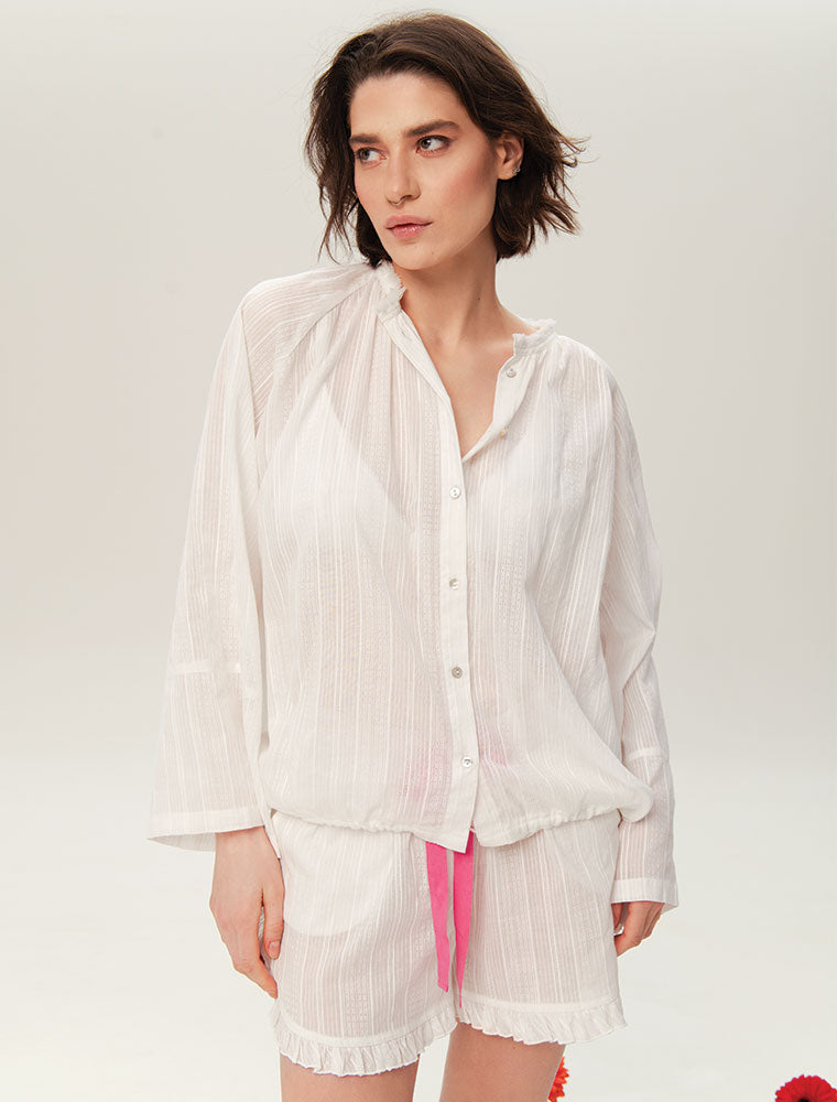 Long Sleeve Cotton Pajama Set with Shorts, White