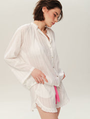 Long Sleeve Cotton Pajama Set with Shorts, White