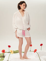 Long Sleeve Cotton Pajama Set with Shorts, White